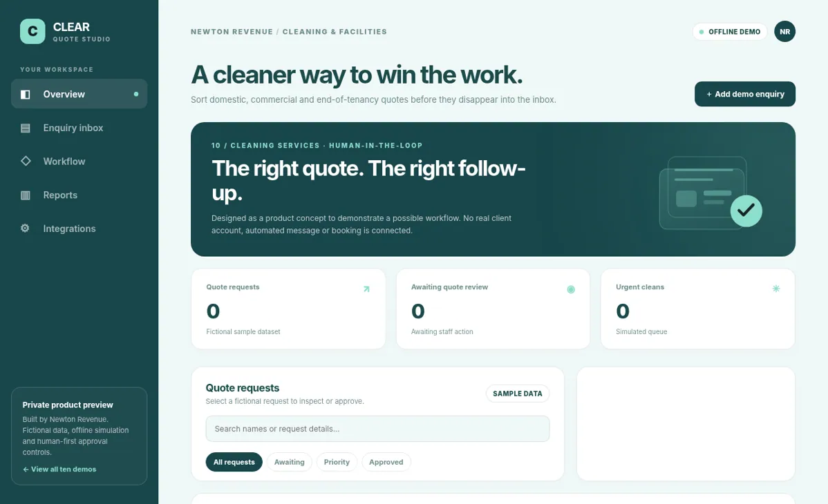 Preview screenshot of fictional Clear cleaning enquiry management dashboard
